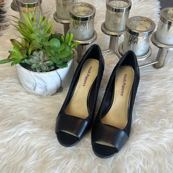 Hush Puppies Black Leather Open Toe Heels Size 7 - Picture 1 of 15